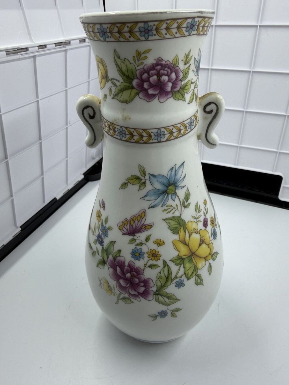 Vintage Minton Haddon Hall Style Vase - White Floral Urn Flowers Butterflies